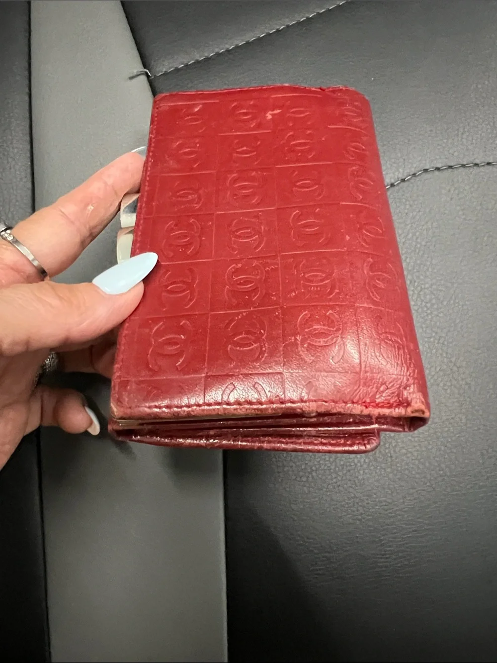 CHANEL Red Embossed CC Leather Wallet